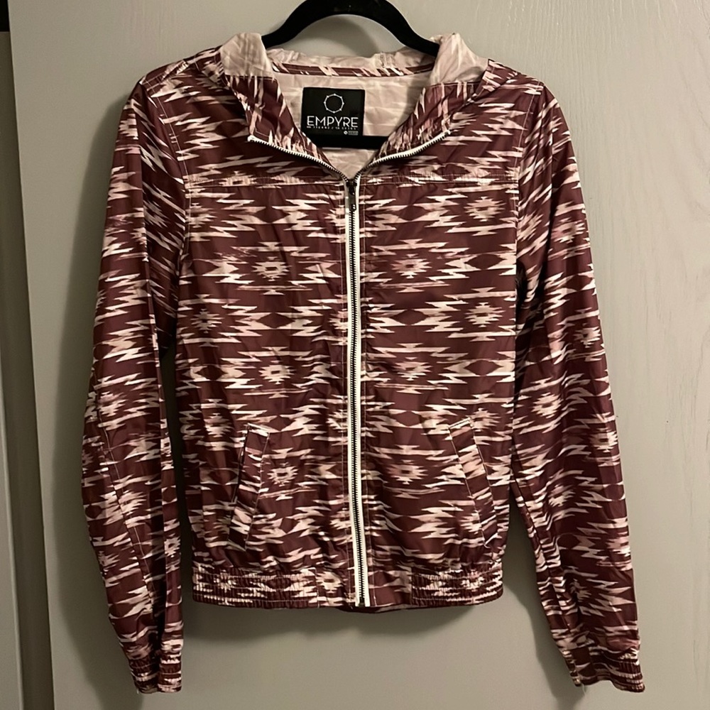 Super thin rain coat like material zip up with hood purple and white